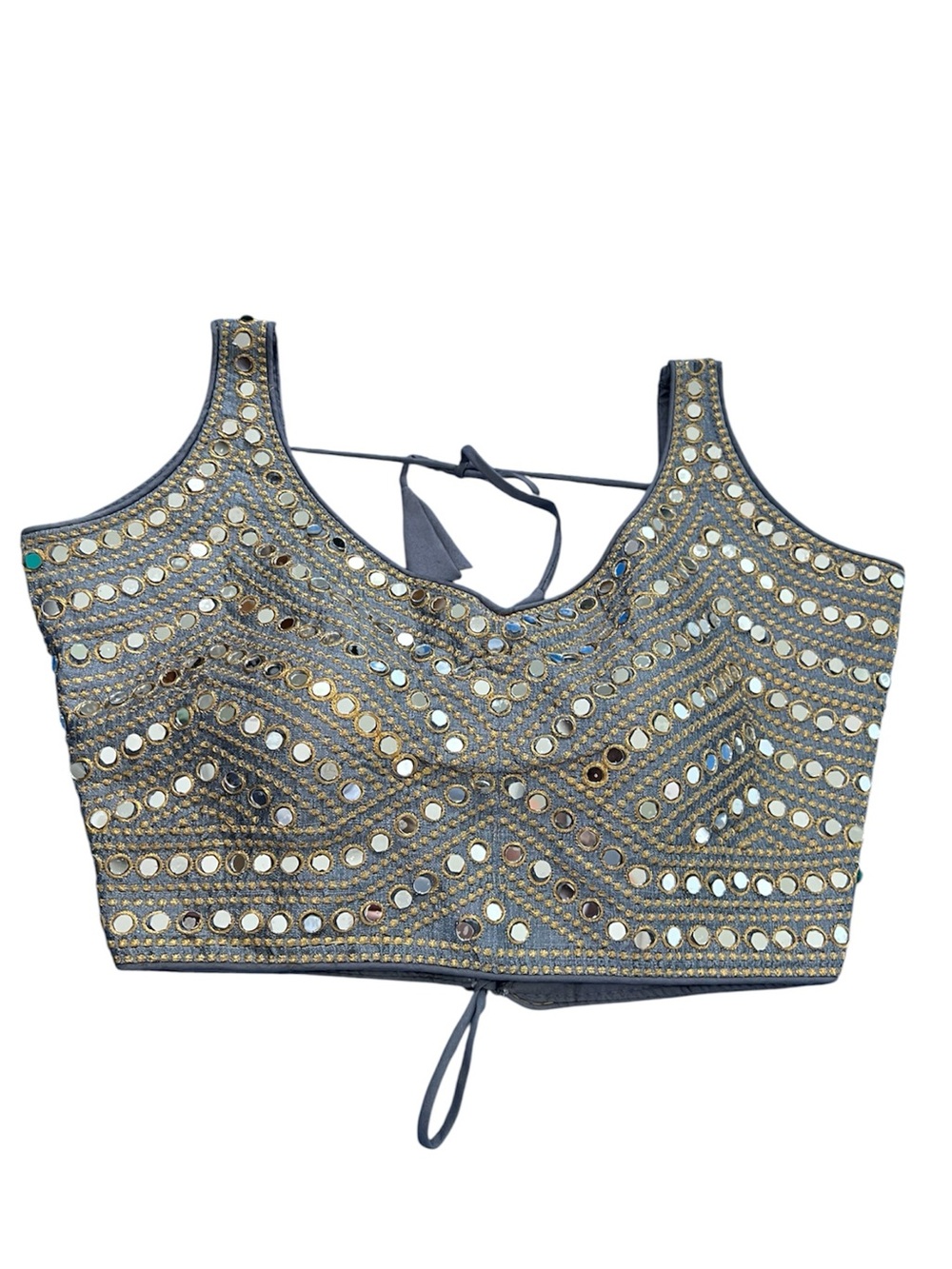 Embellished Mirrorwork Crop Tank Top - Gray
